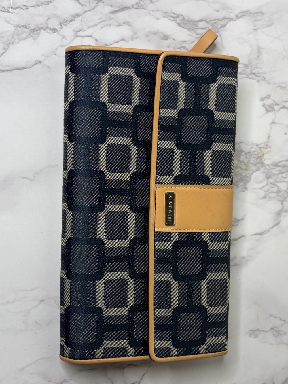 Nine West Navy and Tan Geometric Fold-Over Wallet